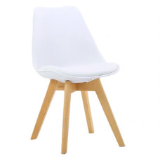 Scaun din plastic, şezut din buretă şi picioare din lemn, alb